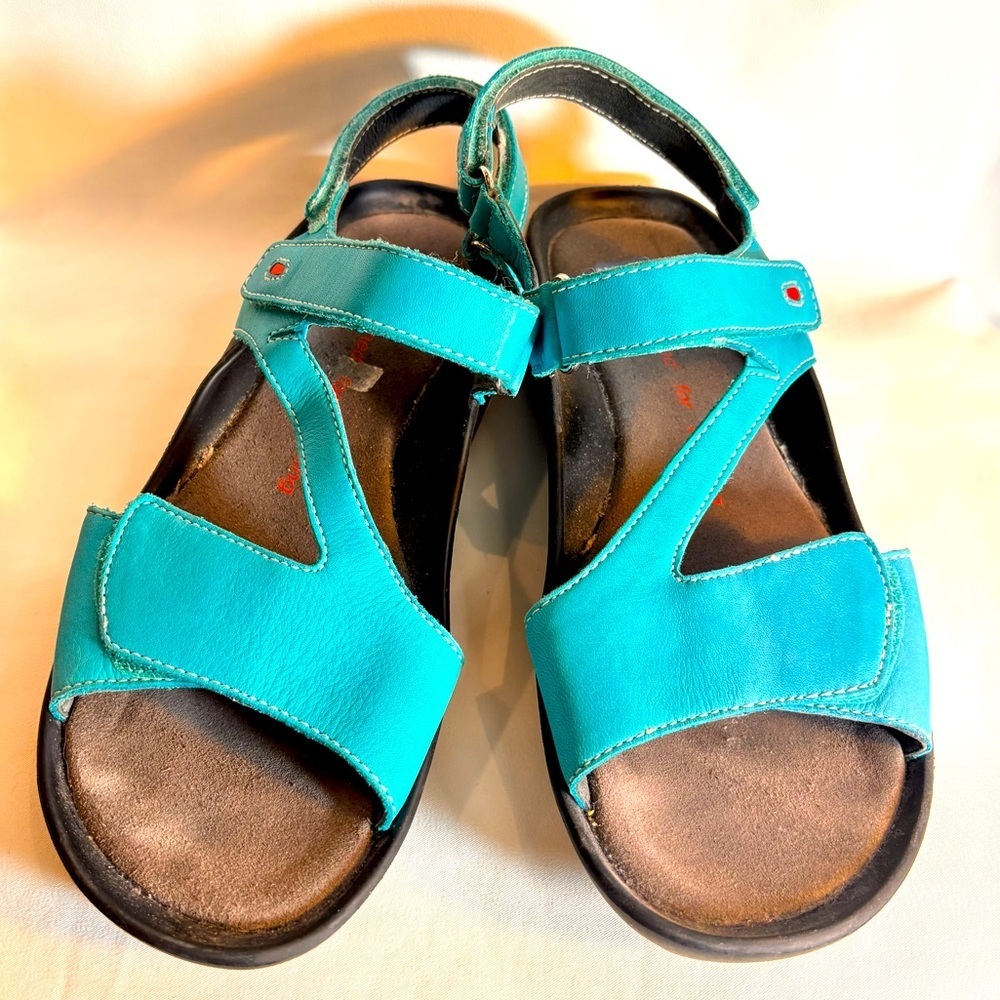 WOLKY Sz 42 Turquoise Strappy Sandals with Velcro Closure at Ankle and Toe Cap
